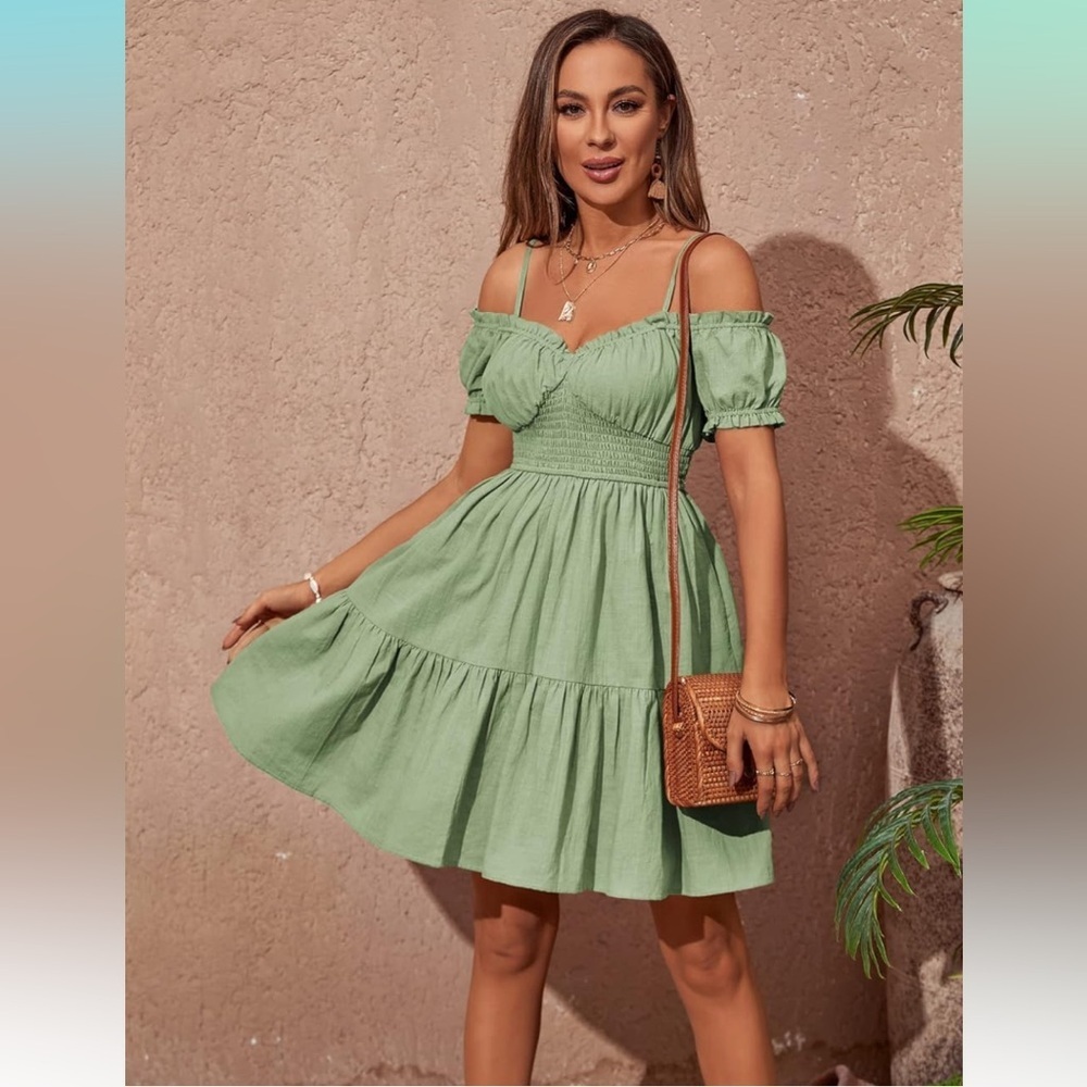 Zexxxy Womens Summer Off Shoulder Mini Dress Spaghetti Strap Ruffle Puff Sleeve - Picture 1 of 6
